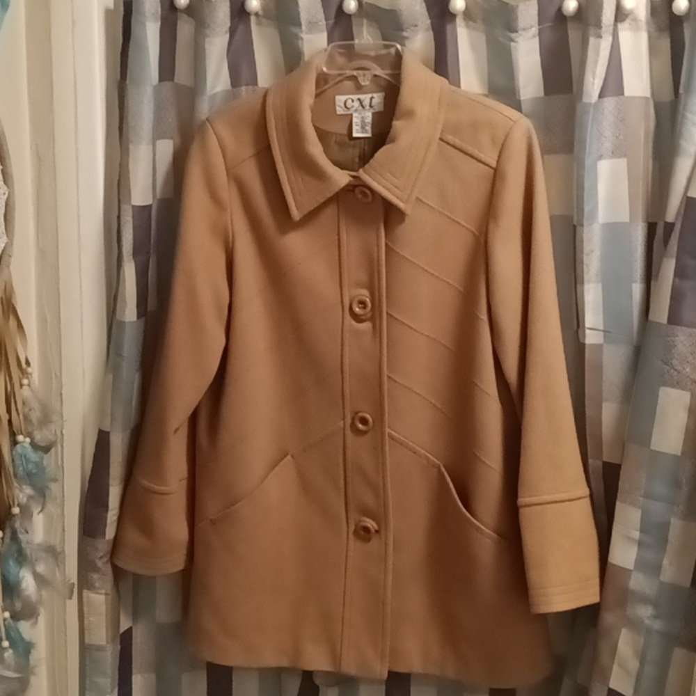 VTG cxt classics wool/rayon blend tan short coat w slanted deep pockets Sz 10